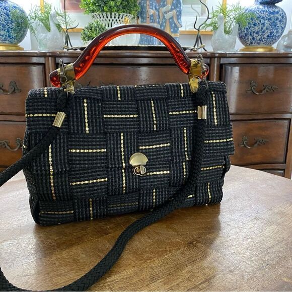 Vintage woven Made in Italy black and gold metallic top handle shoulder bag - Picture 1 of 8